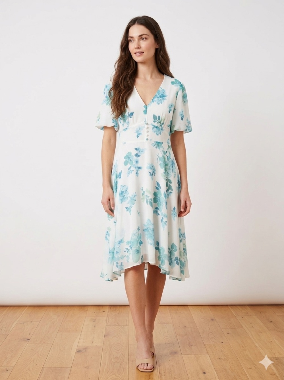 Suzy Shier White Dress with Aqua Floral Print - V‑Neck High-Low